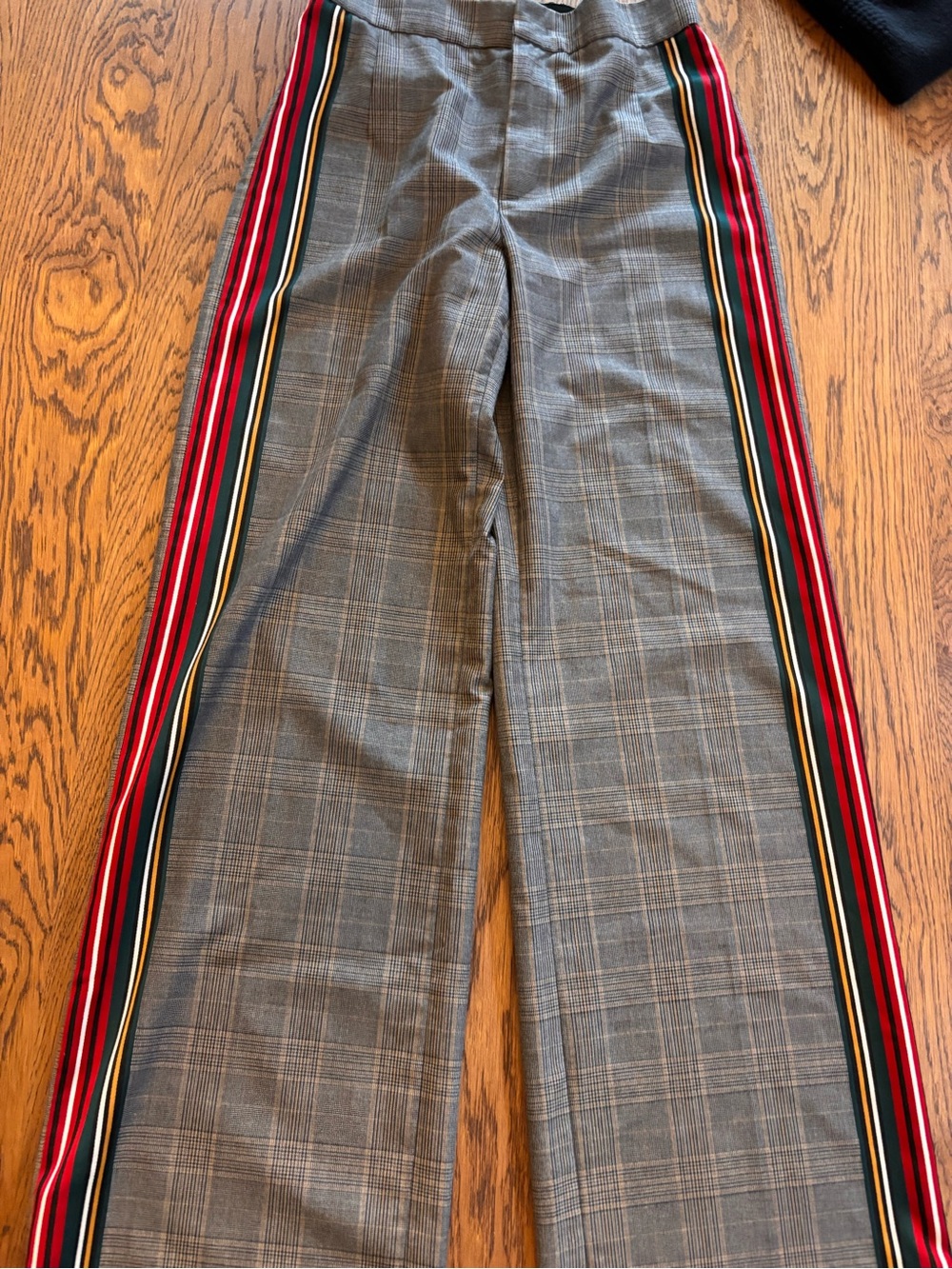 Zara Gray Plaid Trousers with Red & Black Side Stripes